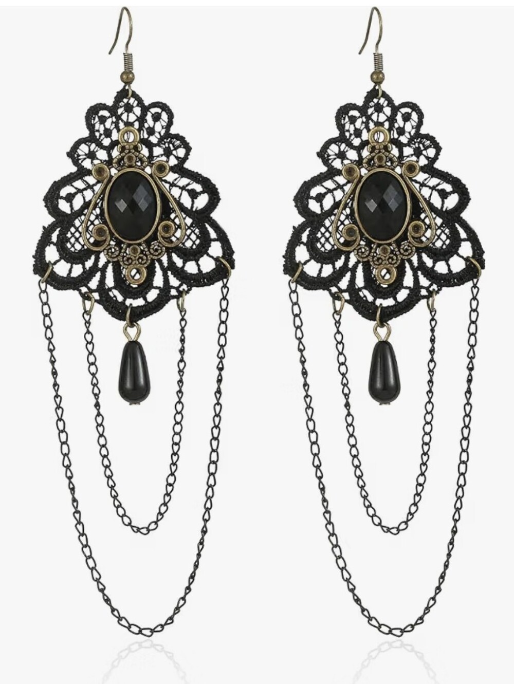 Black Lace Filigree Dangle Earrings with Antique Gold Accents